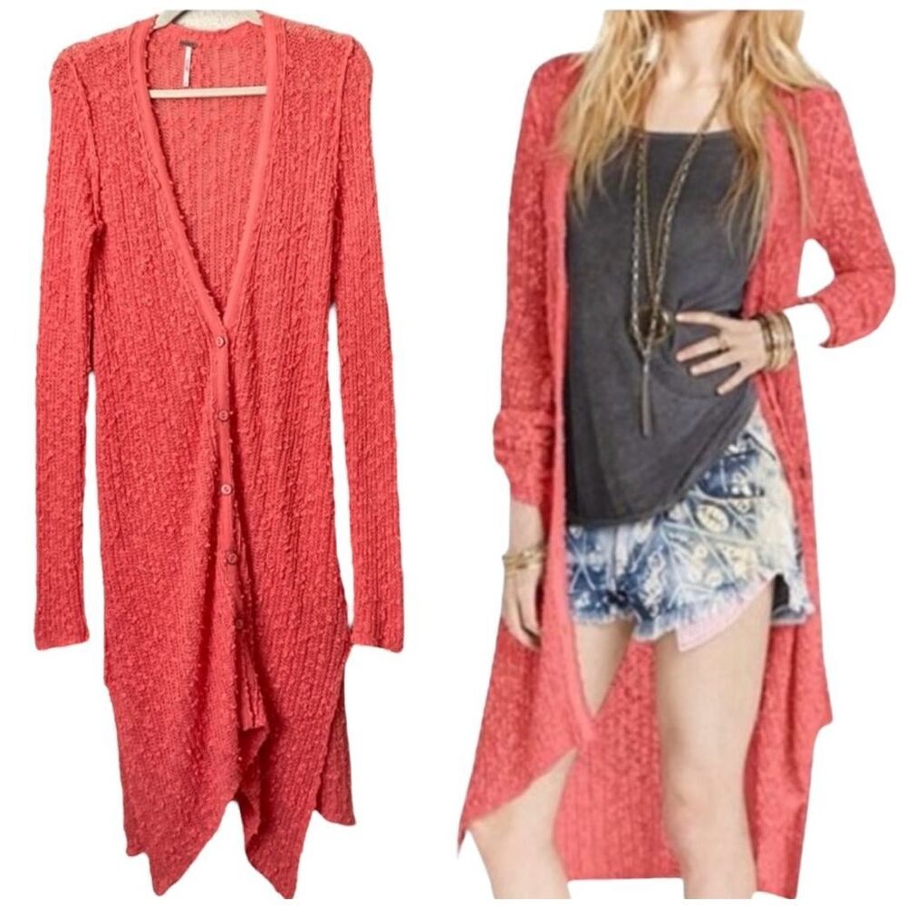 Free People Coral Open-Front Cardigan